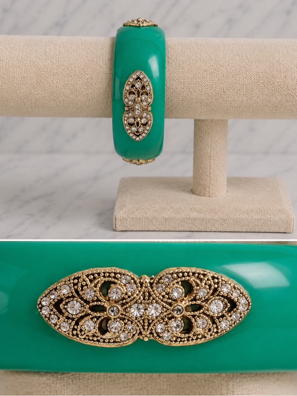 Elegant Green Bangle with Silver Accents